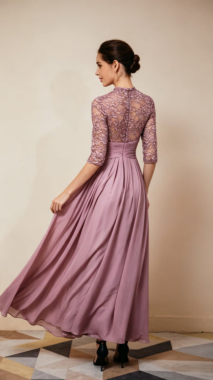 Classy A-line Purple Evening Gowns High Collar Chiffon Lace Long Formal Dress LFNL0668