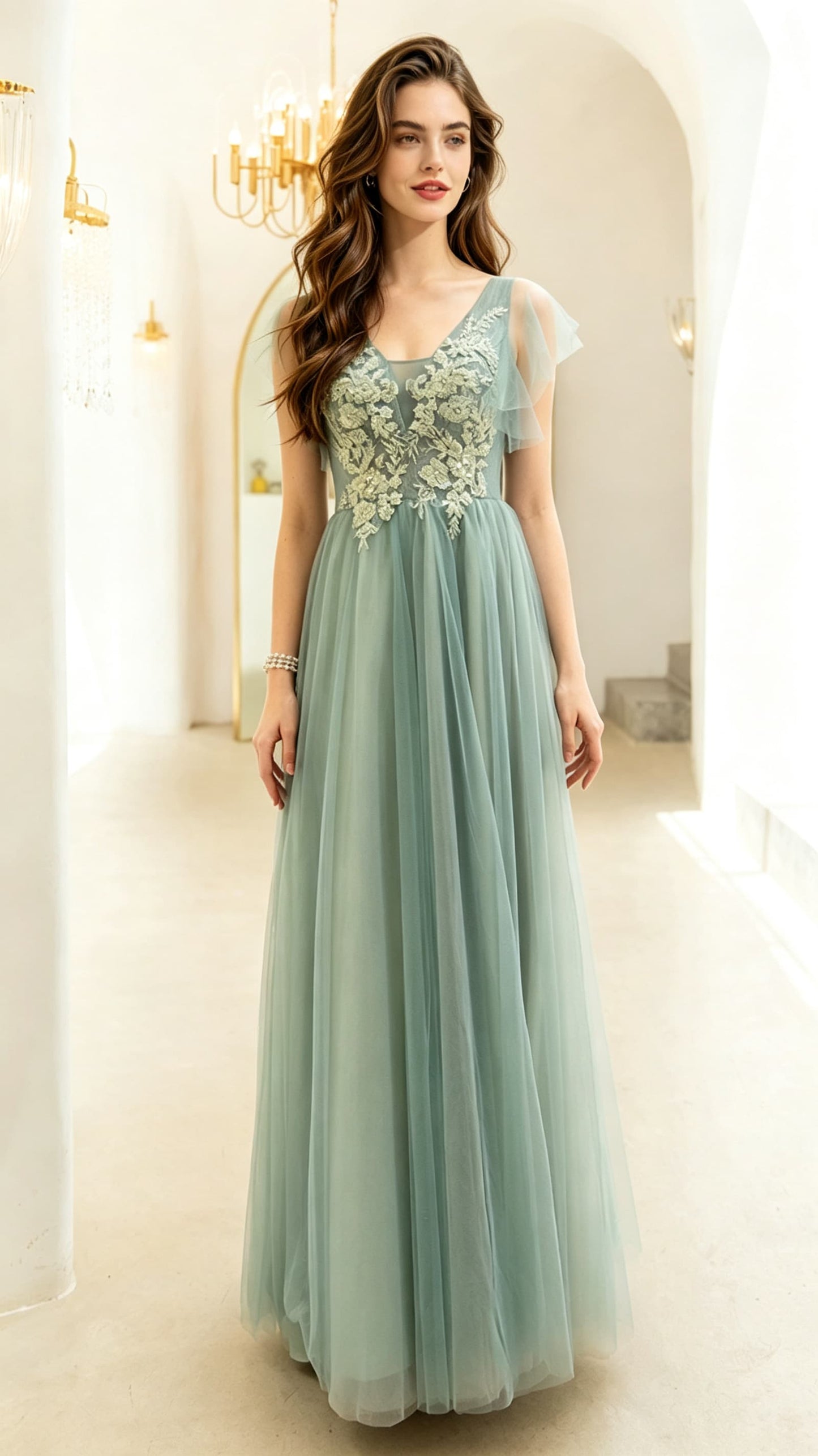 Classy A-line Green Evening Gowns V Neck Tulle Maxi Dress LFNL0690