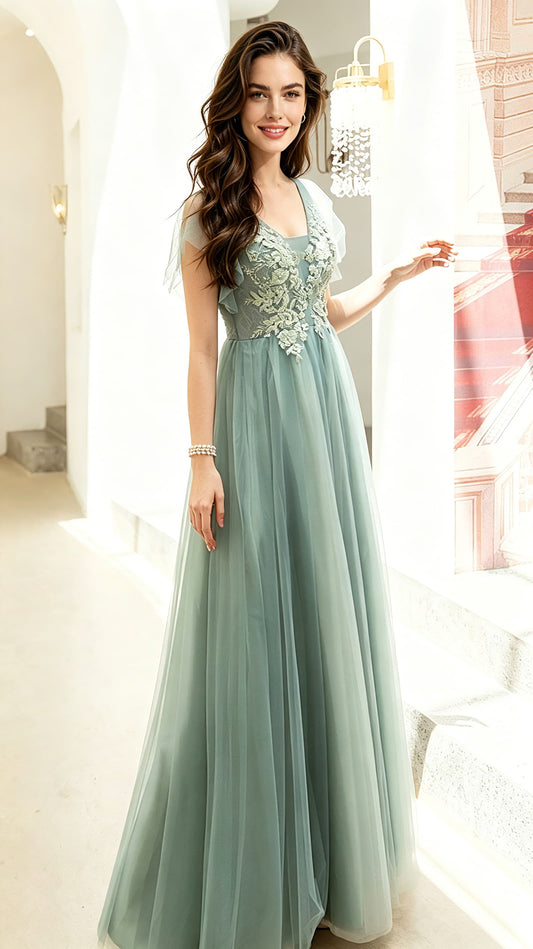 Classy A-line Green Evening Gowns V Neck Tulle Maxi Dress LFNL0690