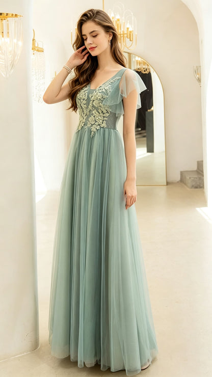Classy A-line Green Evening Gowns V Neck Tulle Maxi Dress LFNL0690