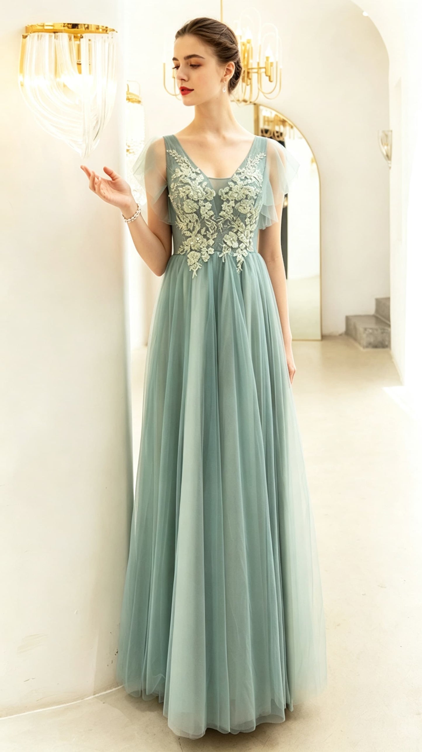 Classy A-line Green Evening Gowns V Neck Tulle Maxi Dress LFNL0690