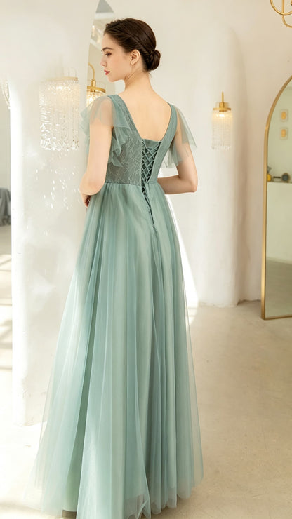 Classy A-line Green Evening Gowns V Neck Tulle Maxi Dress LFNL0690