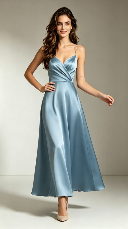 Romantic A-line Blue Evening Gowns Straps Satin Long Formal Dress LFNL0713