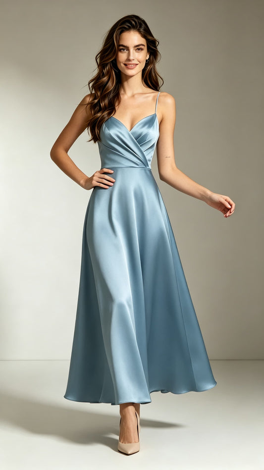 Romantic A-line Blue Evening Gowns Straps Satin Long Formal Dress LFNL0713