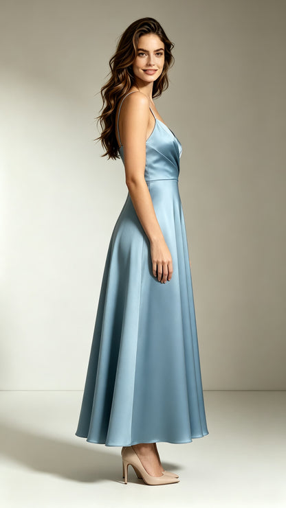 Romantic A-line Blue Evening Gowns Straps Satin Long Formal Dress LFNL0713