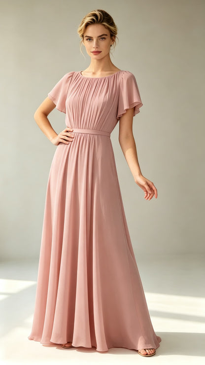 Polished A-line Pink Evening Gowns Round neck Chiffon Maxi Dress LFNL0778