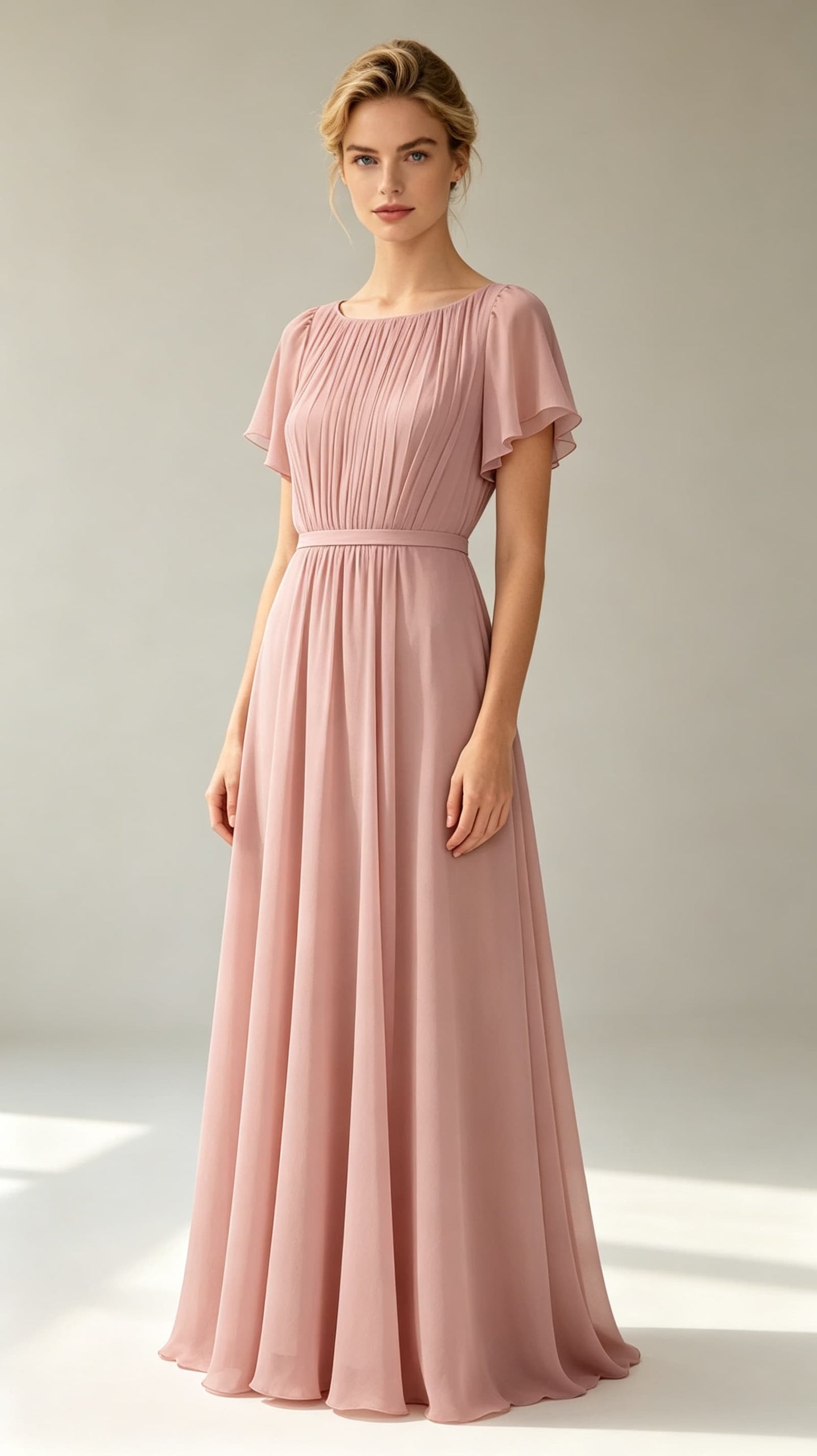 Dusty pink A‑line chiffon maxi evening gown, round neck flutter short sleeves custom formal bridesmaid dress