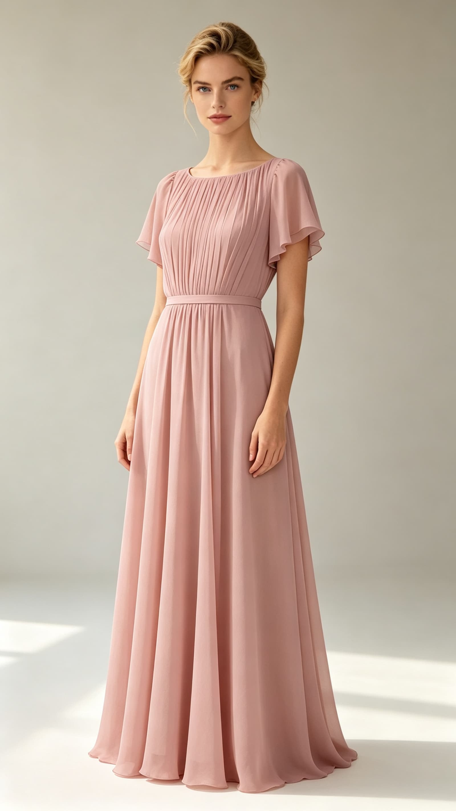 Dusty pink A‑line chiffon maxi evening gown, round neck flutter short sleeves custom formal bridesmaid dress