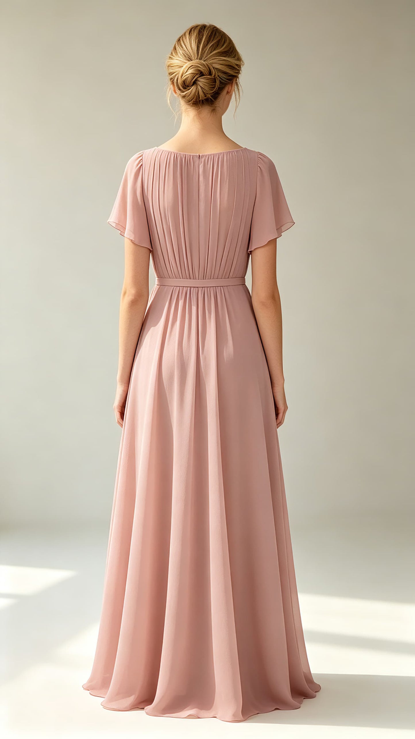 Polished A-line Pink Evening Gowns Round neck Chiffon Maxi Dress LFNL0778