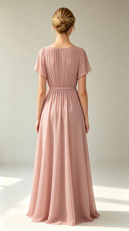Polished A-line Pink Evening Gowns Round neck Chiffon Maxi Dress LFNL0778