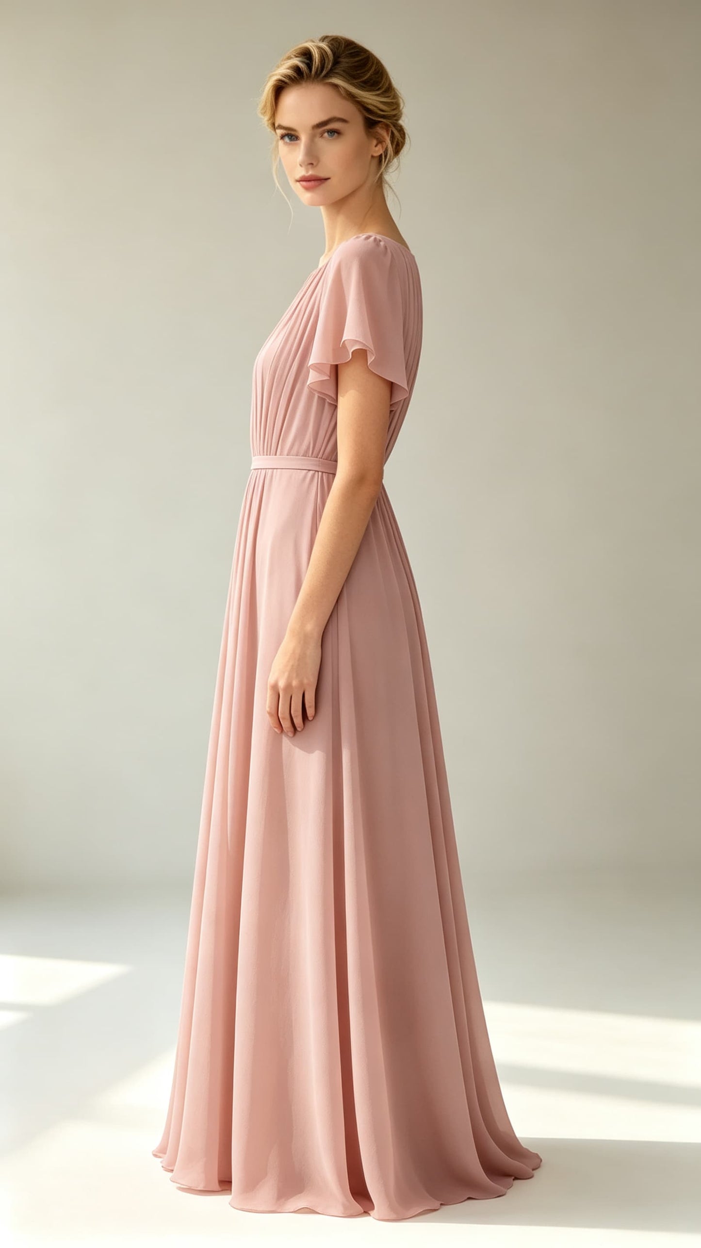 Polished A-line Pink Evening Gowns Round neck Chiffon Maxi Dress LFNL0778