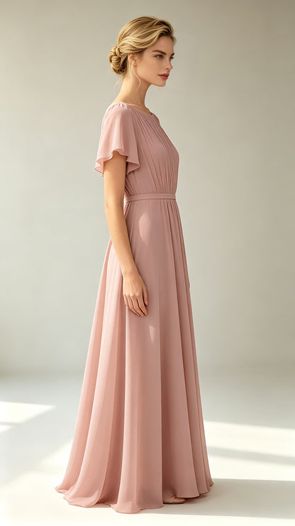Polished A-line Pink Evening Gowns Round neck Chiffon Maxi Dress LFNL0778
