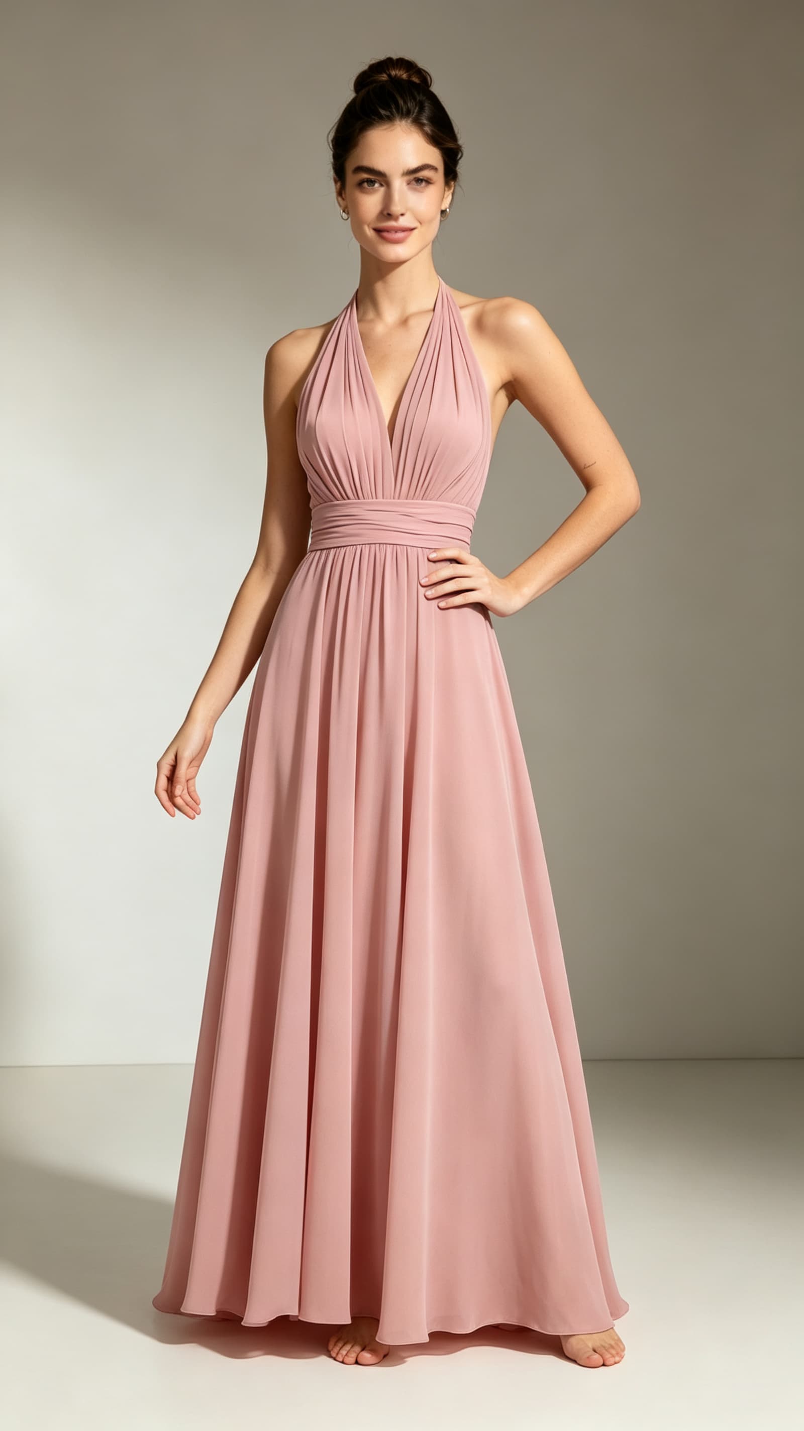 Pink halter A‑line chiffon maxi evening gown custom‑fitted for Australian body shapes