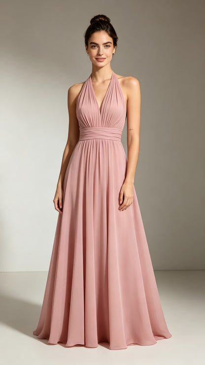 Feminine A-line Pink Evening Gowns Halter Chiffon Maxi Dress LFNL0780