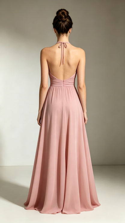 Feminine A-line Pink Evening Gowns Halter Chiffon Maxi Dress LFNL0780