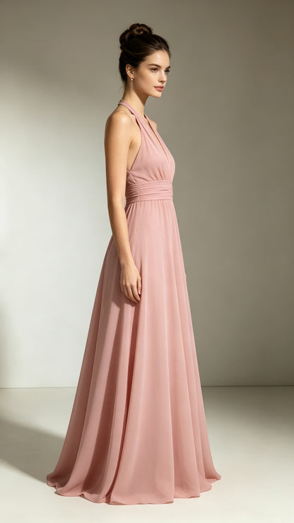 Feminine A-line Pink Evening Gowns Halter Chiffon Maxi Dress LFNL0780