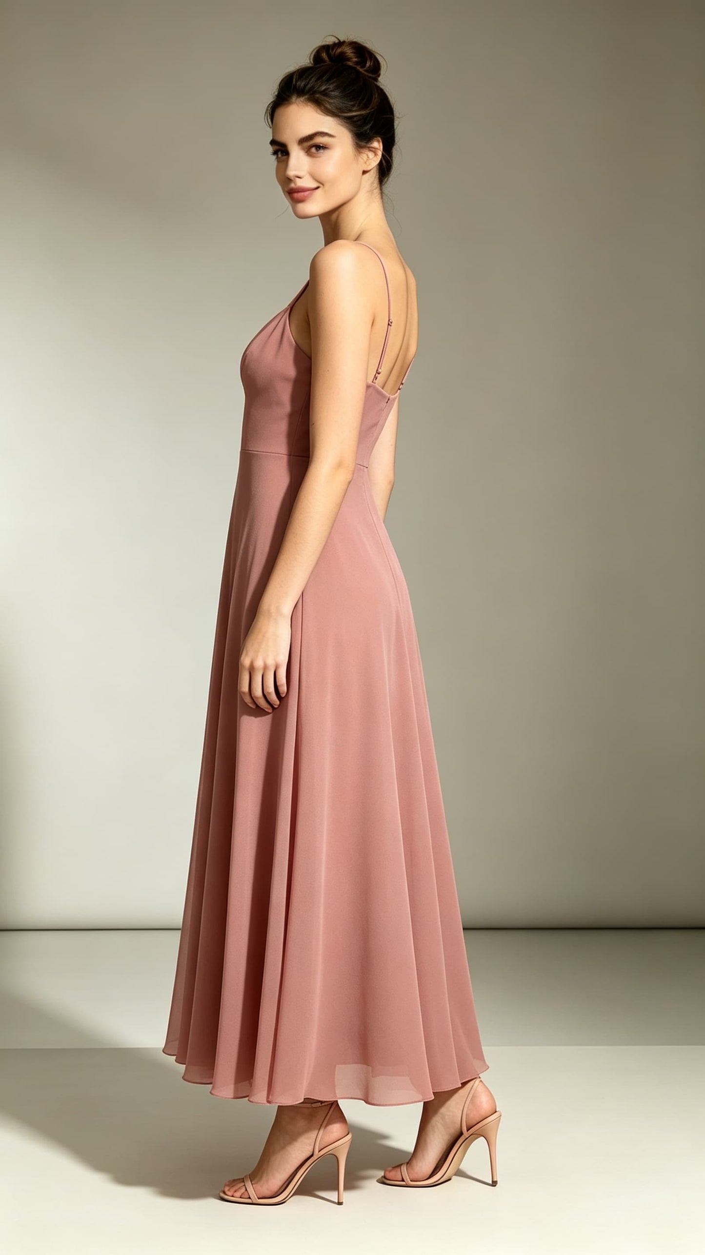 2026 A-line Pink Bridesmaid Gowns Straps Chiffon Maxi Dress LFNL0722