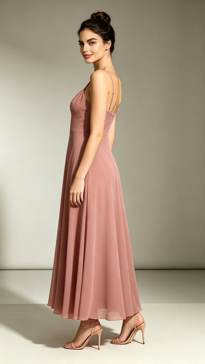 2026 A-line Pink Bridesmaid Gowns Straps Chiffon Maxi Dress LFNL0722