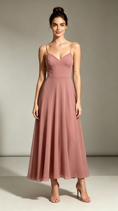 2026 A-line Pink Bridesmaid Gowns Straps Chiffon Maxi Dress LFNL0722