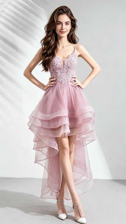 Stunning A-line Pink Evening Dress Straps Organza High Low Formal Dress LFNC0142