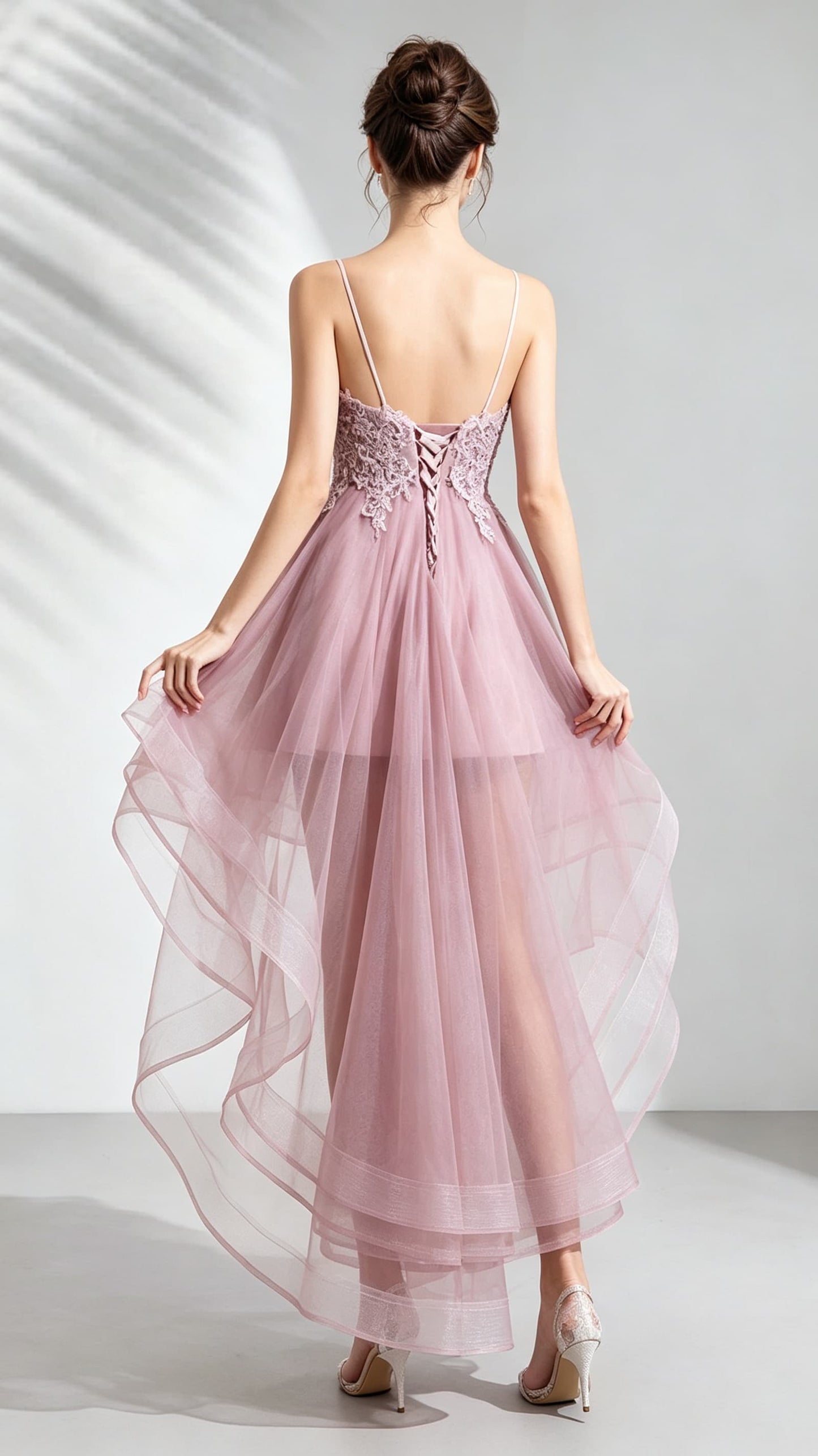 Stunning A-line Pink Evening Dress Straps Organza High Low Formal Dress LFNC0142
