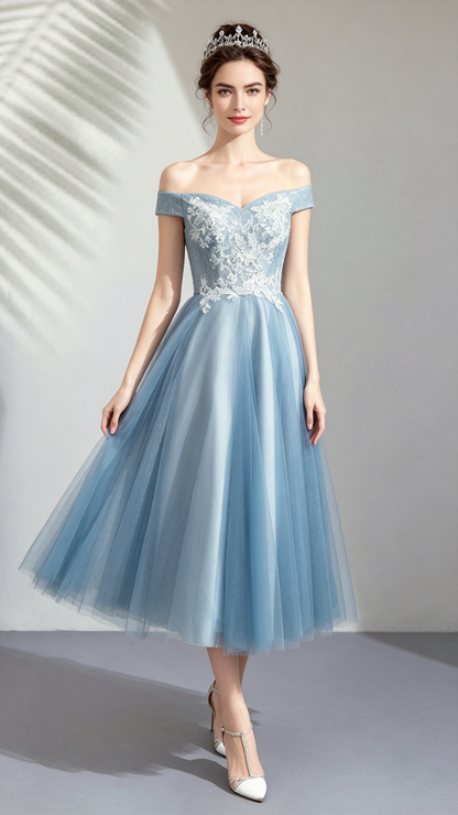 Effortless A-line Blue Evening Dress Off Shoulder Tulle Short Formal Dress LFNC0391