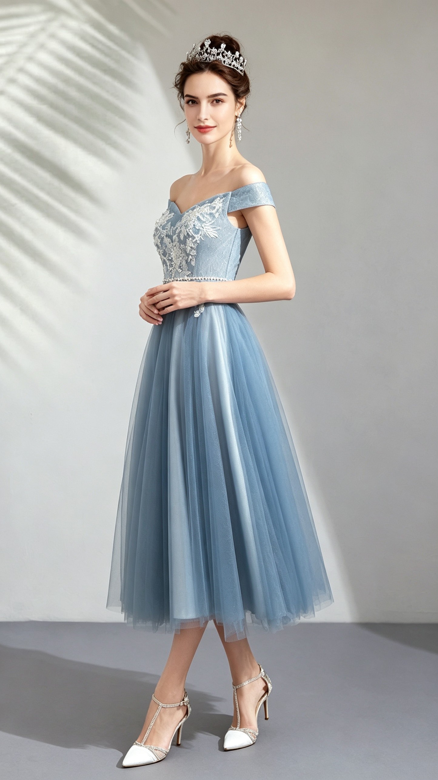 Effortless A-line Blue Evening Dress Off Shoulder Tulle Short Formal Dress LFNC0391