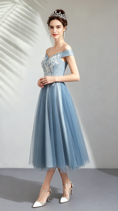 Effortless A-line Blue Evening Dress Off Shoulder Tulle Short Formal Dress LFNC0391