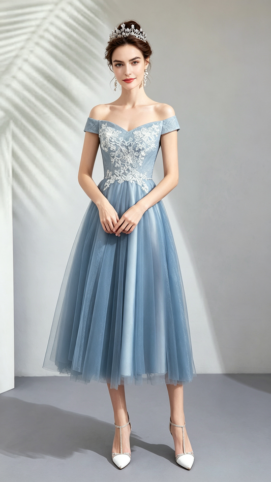 Effortless A-line Blue Evening Dress Off Shoulder Tulle Short Formal Dress LFNC0391