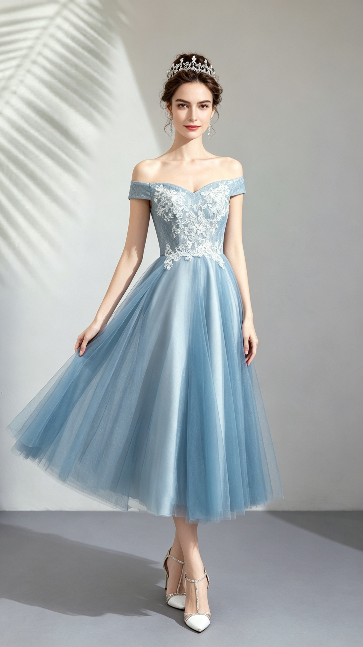 Effortless A-line Blue Evening Dress Off Shoulder Tulle Short Formal Dress LFNC0391