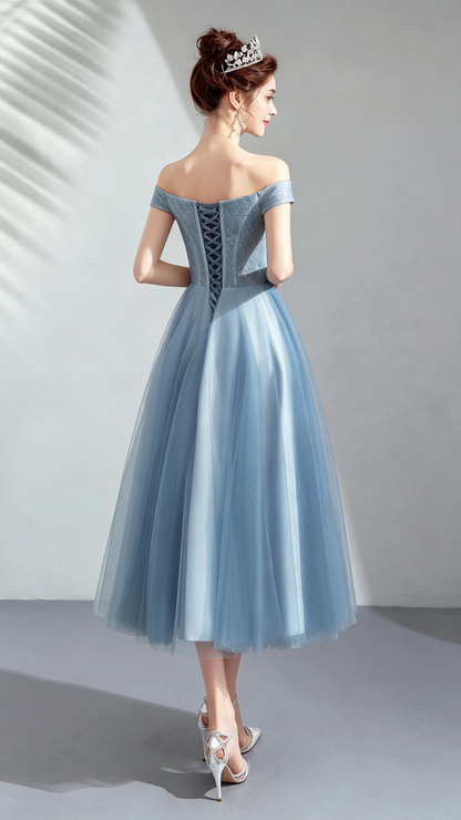 Effortless A-line Blue Evening Dress Off Shoulder Tulle Short Formal Dress LFNC0391