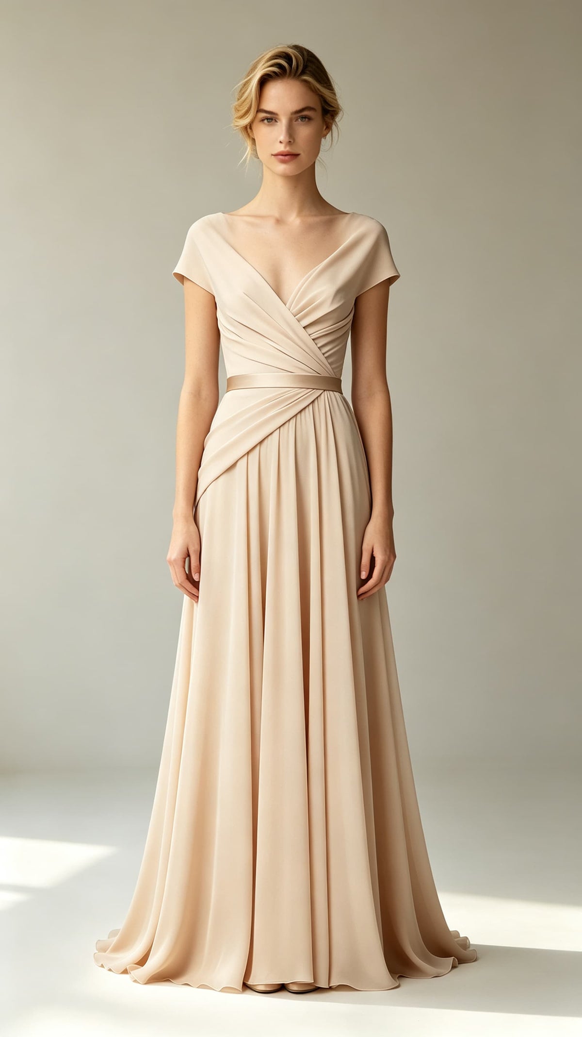 Champagne A-line chiffon evening gown with V neck cap sleeves, artistic front pleats and soft tulle back detail, long formal prom dress for UK events