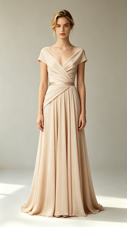 Champagne A-line chiffon evening gown with V neck cap sleeves, artistic front pleats and soft tulle back detail, long formal prom dress for UK events