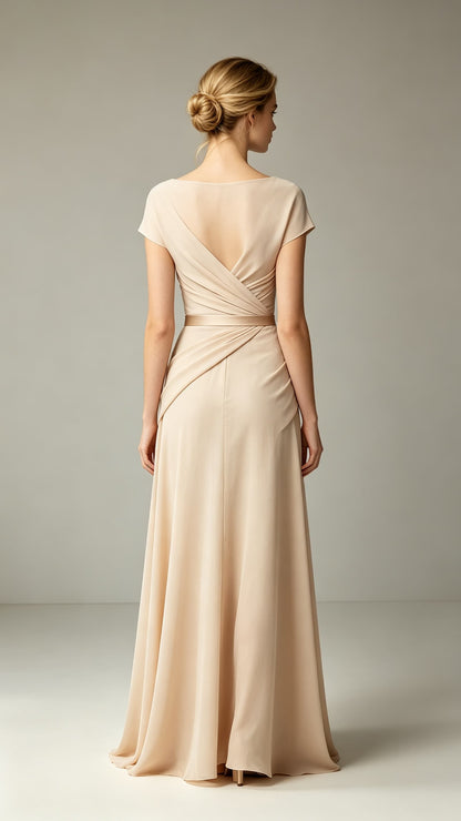 Polished A-line Champagne Evening Gowns UK V Neck Chiffon Tulle Long Prom Gowns LFNL0813