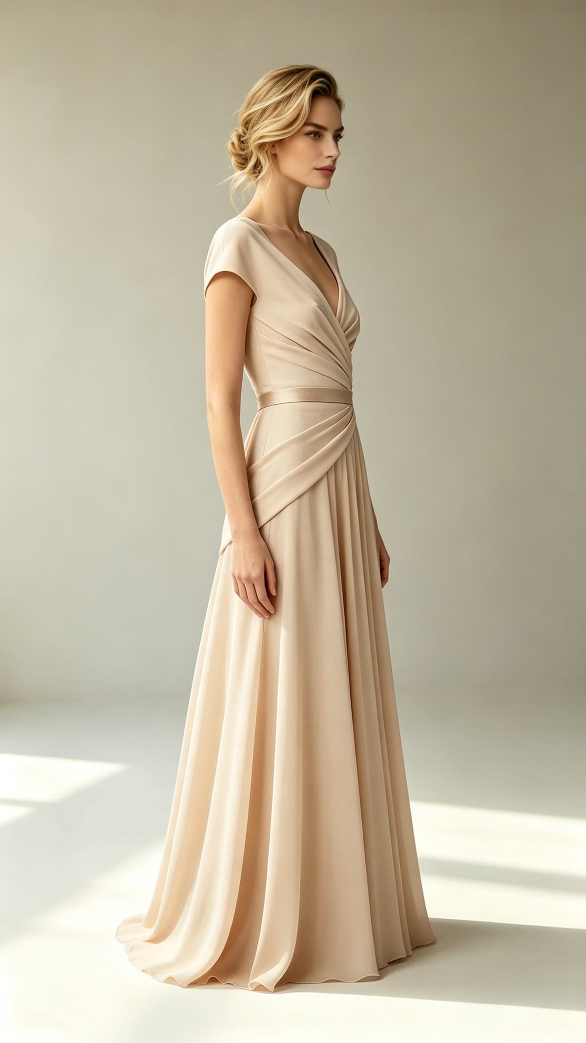Polished A-line Champagne Evening Gowns UK V Neck Chiffon Tulle Long Prom Gowns LFNL0813