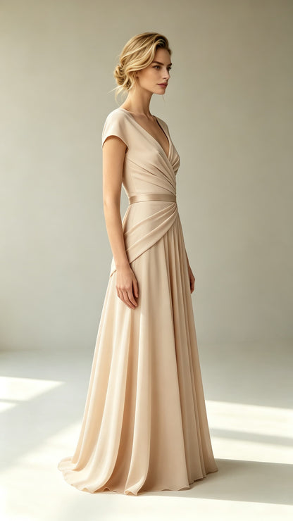 Polished A-line Champagne Evening Gowns UK V Neck Chiffon Tulle Long Prom Gowns LFNL0813