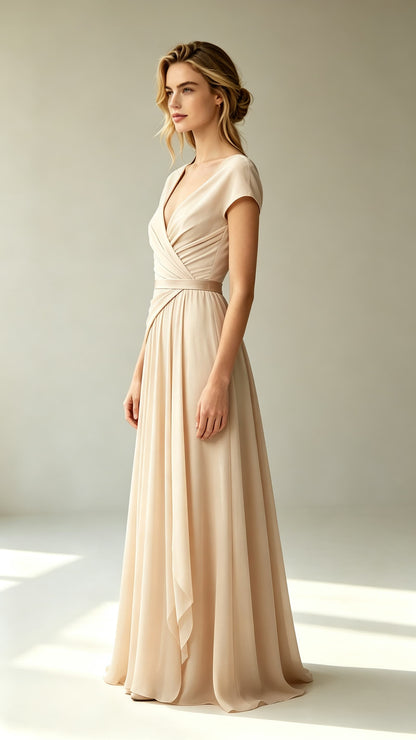 Polished A-line Champagne Evening Gowns UK V Neck Chiffon Tulle Long Prom Gowns LFNL0813