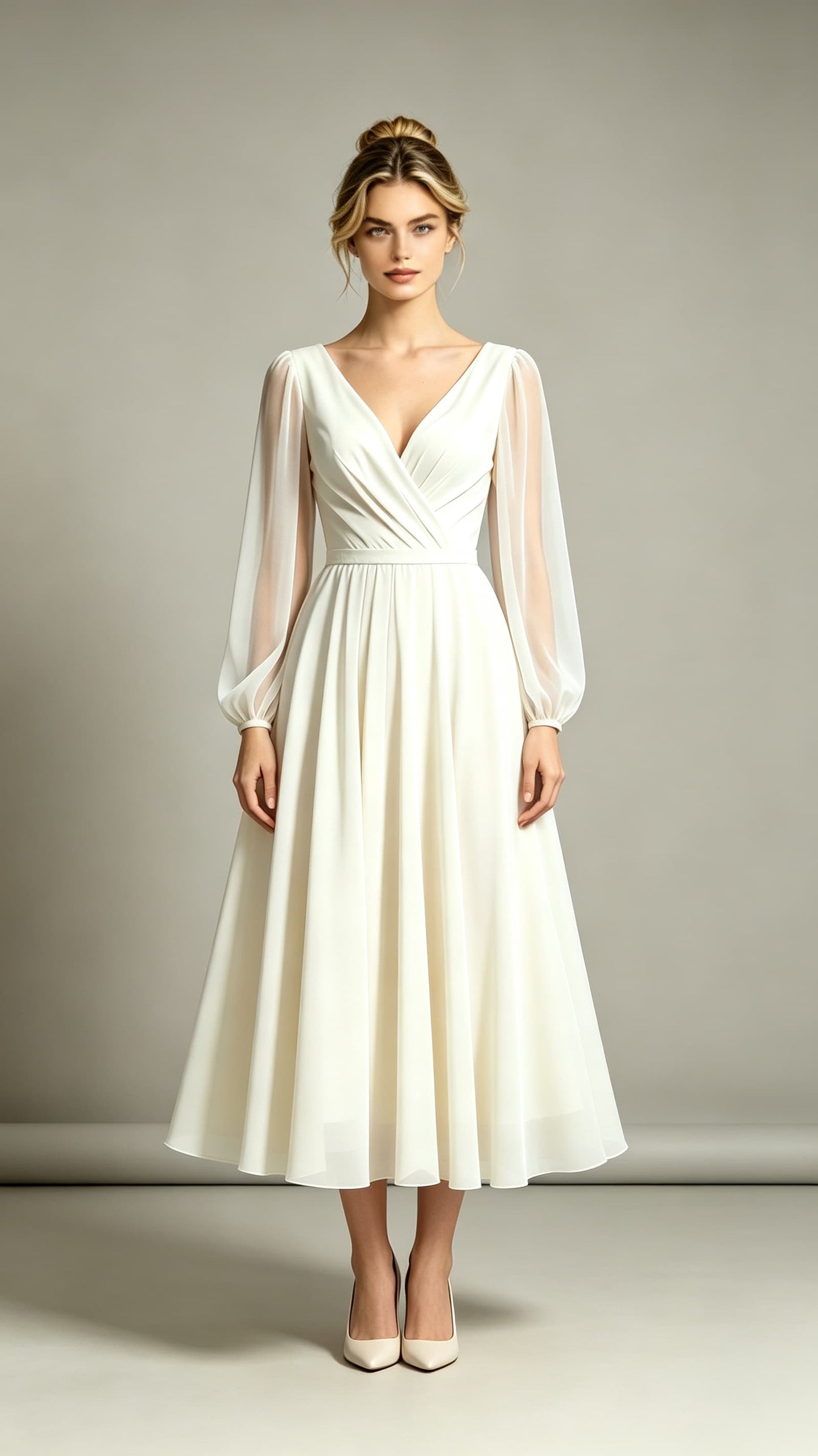 Feminine A-line White Evening Gowns V Neck Polyester Midi Length Formal Dress LFNL0721