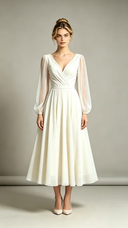 Feminine A-line White Evening Gowns V Neck Polyester Midi Length Formal Dress LFNL0721