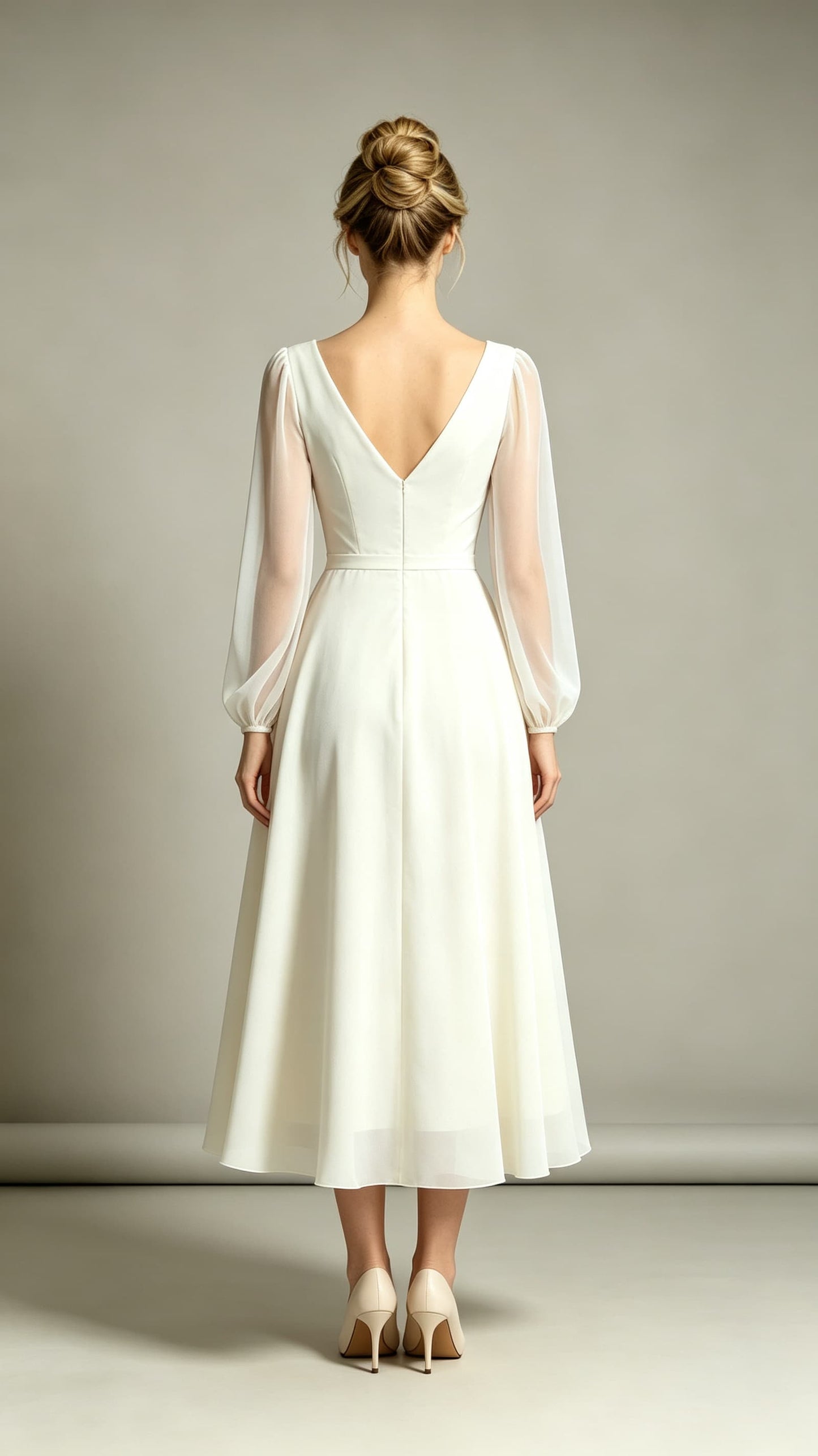 Feminine A-line White Evening Gowns V Neck Polyester Midi Length Formal Dress LFNL0721
