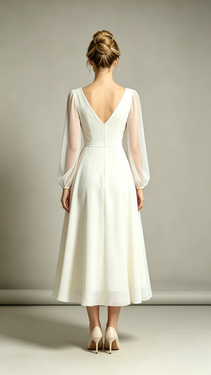 Feminine A-line White Evening Gowns V Neck Polyester Midi Length Formal Dress LFNL0721