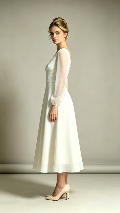 Feminine A-line White Evening Gowns V Neck Polyester Midi Length Formal Dress LFNL0721