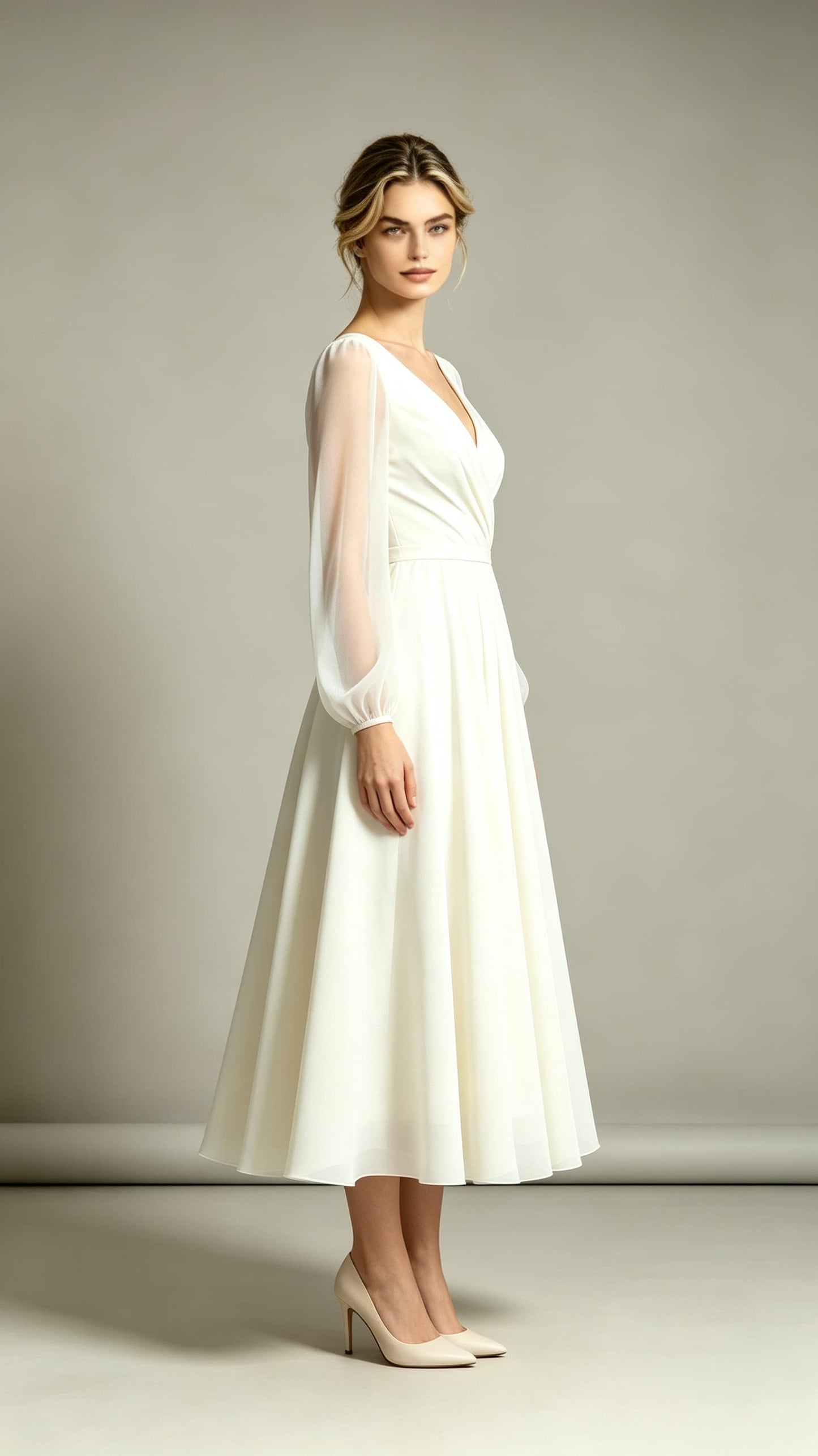 Feminine A-line White Evening Gowns V Neck Polyester Midi Length Formal Dress LFNL0721