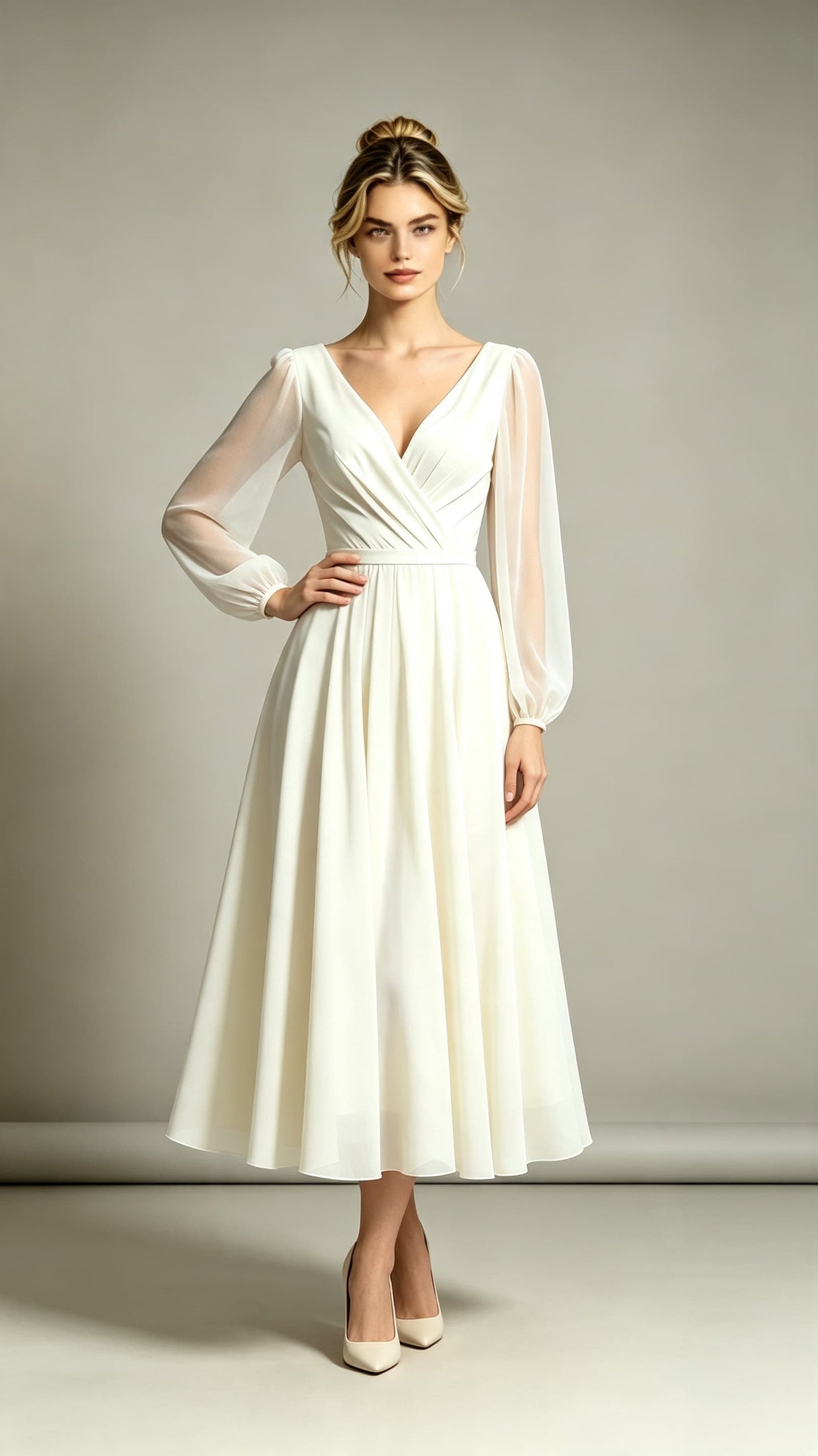 Feminine A-line White Evening Gowns V Neck Polyester Midi Length Formal Dress LFNL0721