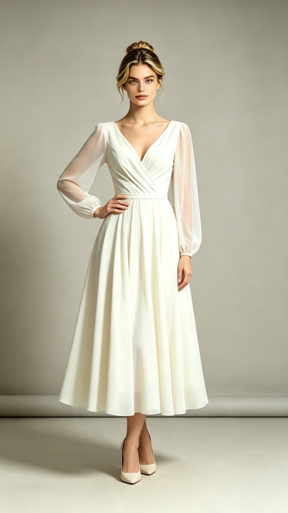 Feminine A-line White Evening Gowns V Neck Polyester Midi Length Formal Dress LFNL0721
