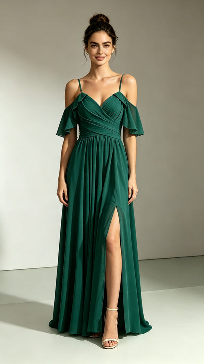 Lovely A-line Green Bridesmaid Gowns Straps Chiffon Maxi Dress LFNL0728