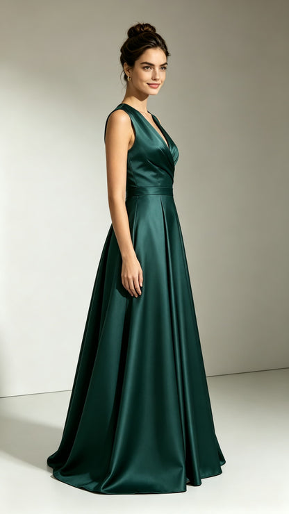 Dreamy A-line Green Evening Gowns V Neck Satin Prom Gowns LFNL0752