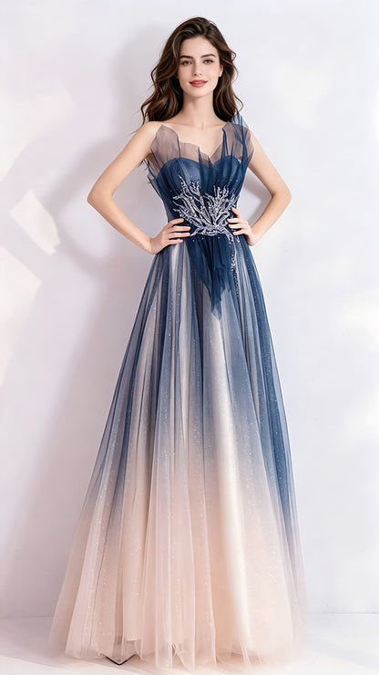 2026 A-line Blue Evening Dress Strapless Organza Long Formal Dress LFNC0150