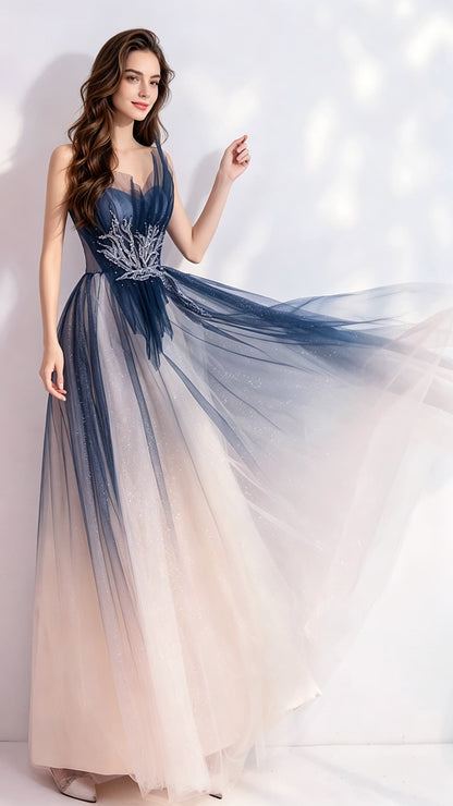 2026 A-line Blue Evening Dress Strapless Organza Long Formal Dress LFNC0150