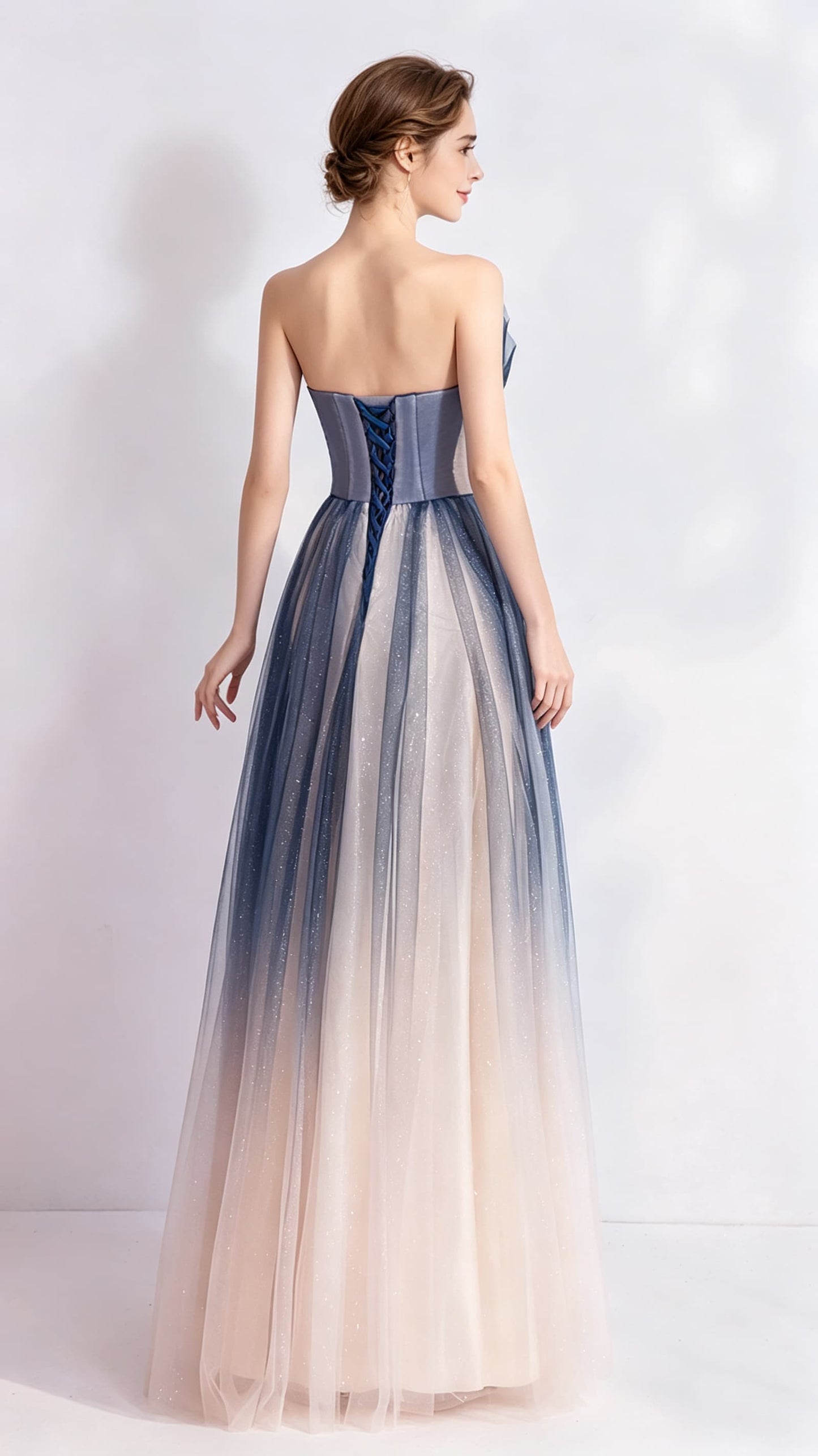 2026 A-line Blue Evening Dress Strapless Organza Long Formal Dress LFNC0150